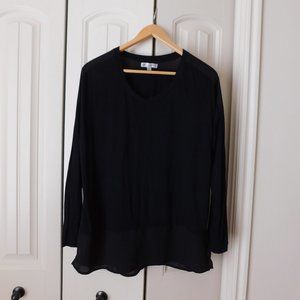 DownEast Women's Long Sleeve Black Top with Woven Block Accents, Size S